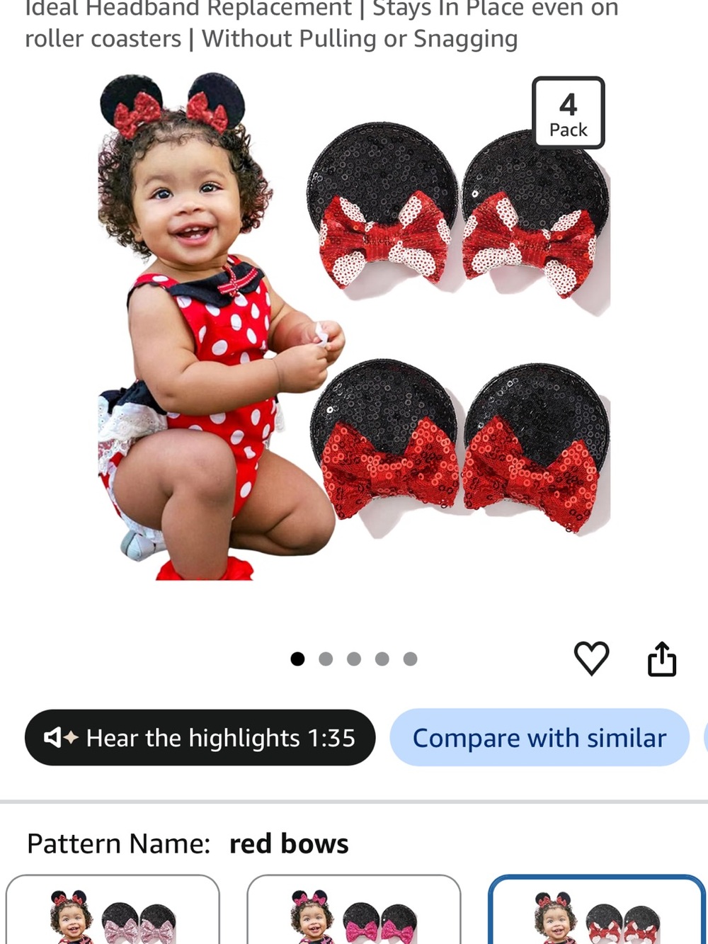 Sequin Minnie Ear Hair Clips with Red Bows